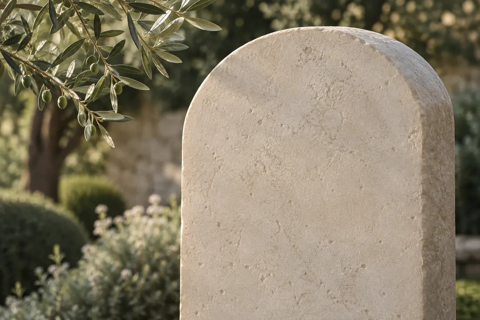 Illustrative limestone memorial detail framed by soft garden foliage